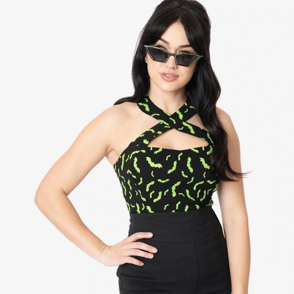 NEW Unique Vintage Halloween Bat Rita Bustier Style Halter Top Size XL